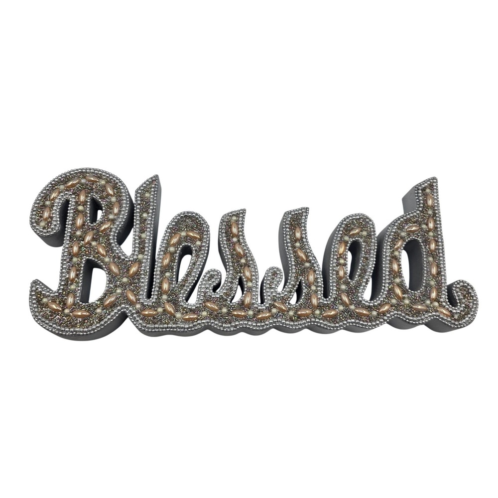 Silver Beaded Blessed Script Tabletop‎ Sign Faux Pearl Embellished Decor 16.5 L3